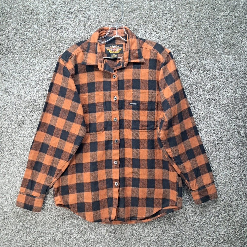 Harley-Davidson Mens Orange Black Buffalo Plaid Cotton Flannel Shirt Medium